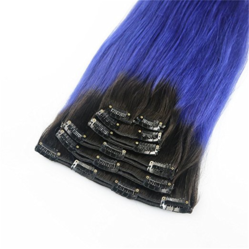 Clip in Remy Hair extensions Ombre 1B to Blue Balayage Clip in Human Hair Extensions Double Weft Hair Extensions Straight 7pcs 120g