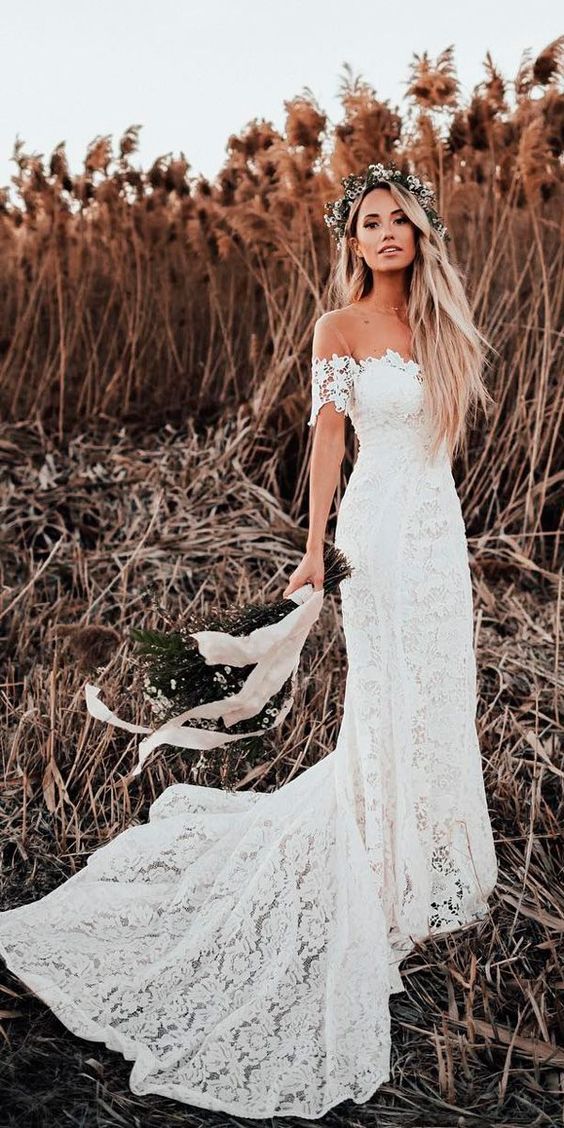 2018 Lover Society Mermaid Wedding Dresses Modest Civil Vintage Crochet Lace Off Shoulder Country Farm Garden Boho Fishtail Bridal Dress