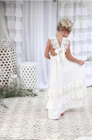 2018 Lovely Boho Ivory Flower Girl Dresses V Neck A Line Chiffon Lace Child Communion Dresses Kids Formal Wear Birthday Party Gown BA4995