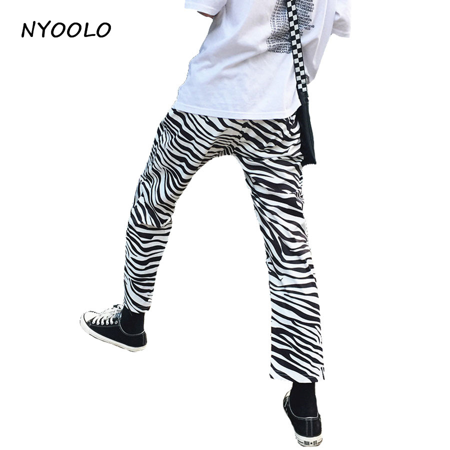 NYOOLO Vintage zebra striped paern Harajuku design elastic waist loose casual straight pants women/men hip-hop trousers