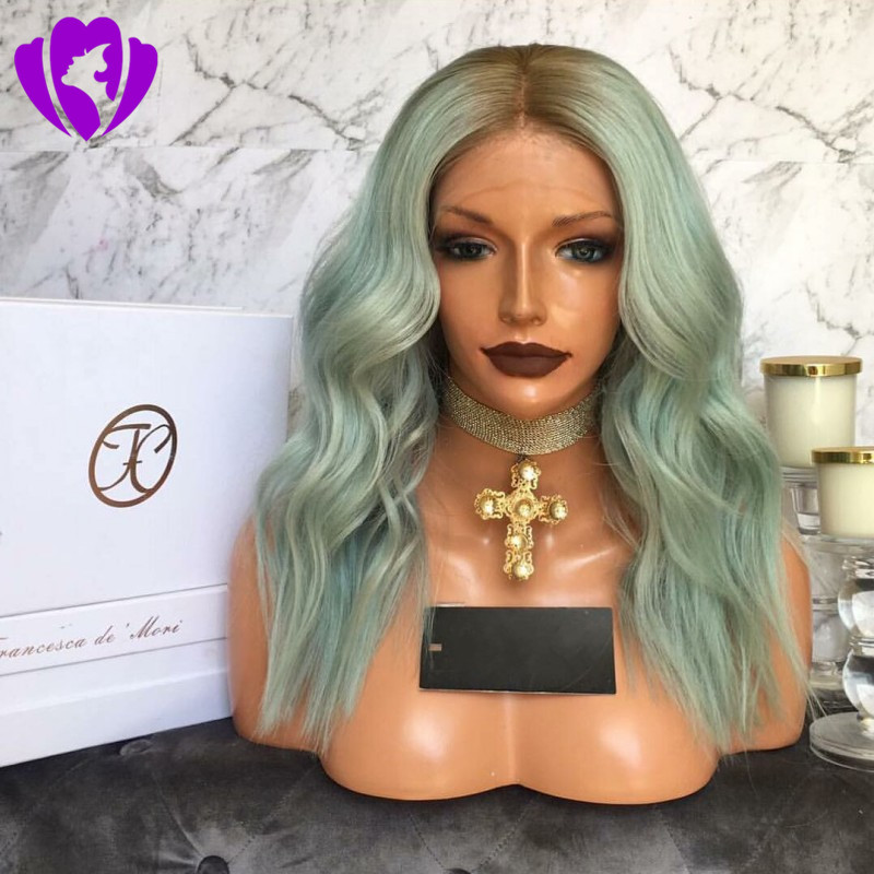 Hotselling mint green Color short bob wig body wave Soft ombre lace front synthetic wig Heat Resistant Fiber Women wig