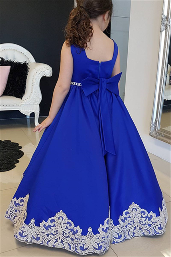 Blue New Royal Cheap Little Girls Pageant Square Neck or Length White Applique Kids Prom wer Girl Dresses Custom Made