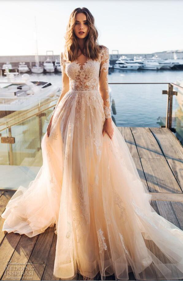 Summer 2019 Beach Wedding Dresses Bridal Gowns With Lace Appliques A Line Sheer Illusion V Neck Long Sleeves Country Style Wedding Gowns