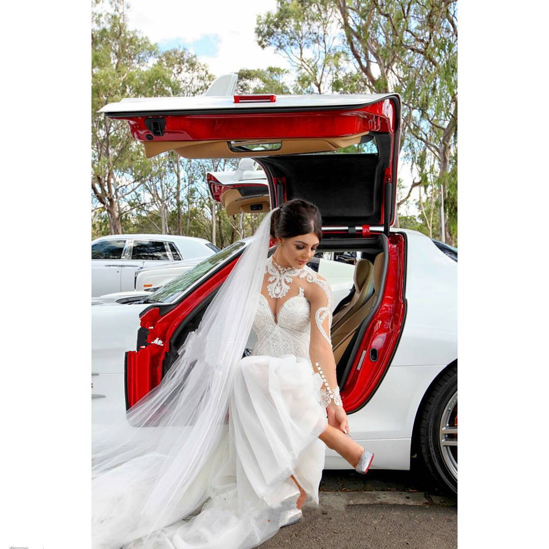 Long Sleeves Modest Mermaid Wedding Dresses Lace Appliqued High Neck Bridal Gowns Sweep Train Vestidos De Novia