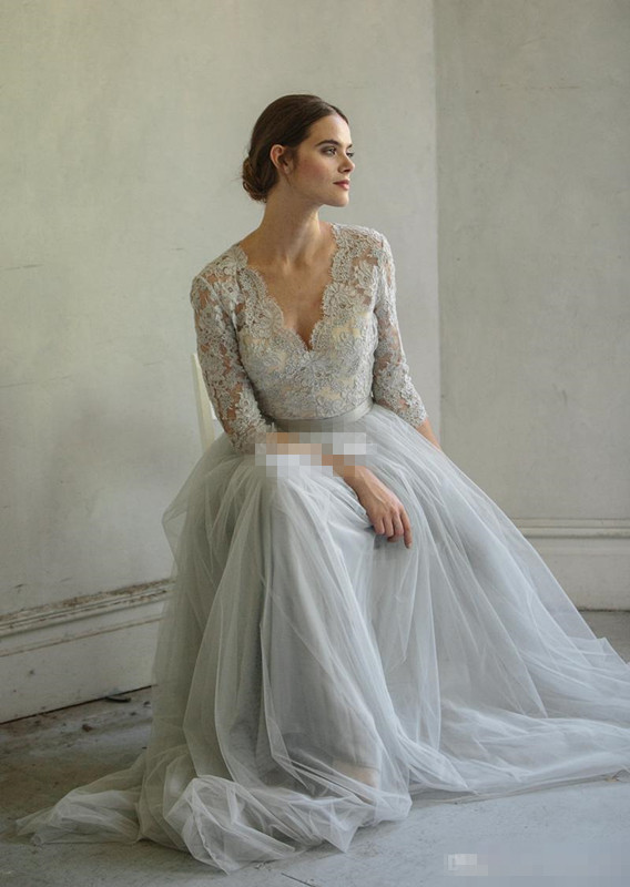 Dusty Blue Bohomian Beach Dresses A e Long Sleeves Lace Applique V Neck Sweep Train Bridal Wedding Gown pplique