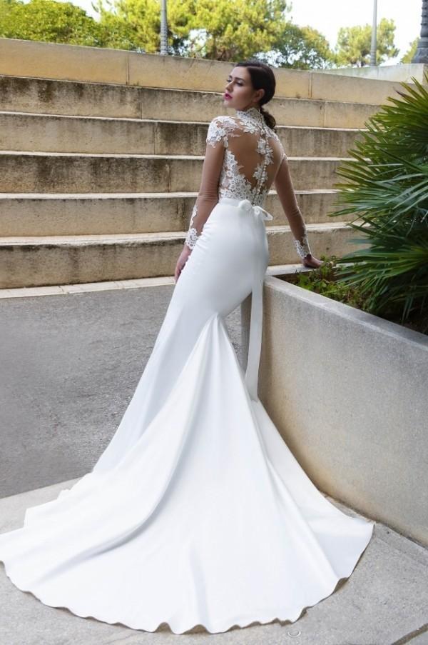 High Neck Crystal Design Sexy Mermaid Wedding Dresses See Through Back Long Sleeve Fitted Cheap Bridal Gowns With Sweep Train Mm44 0510