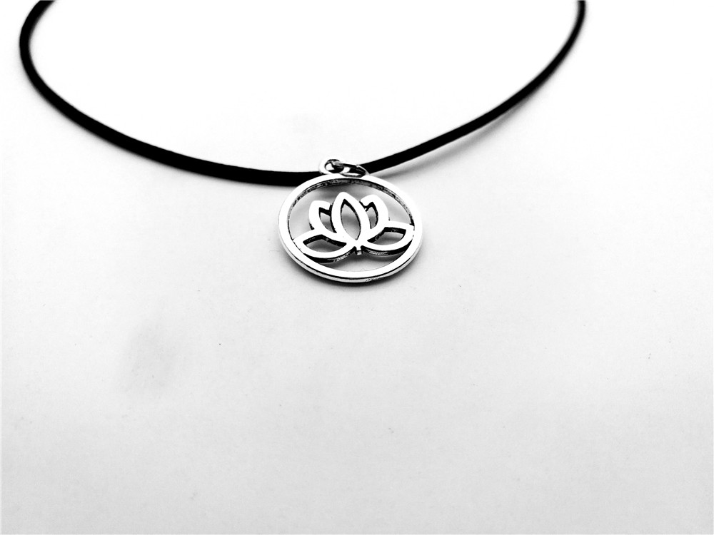 Simple Hollow round Lotus Flower Pendant Necklace Tiny Buddhist Elements Plant Lotus Leather Rope Necklaces for Women jewelry