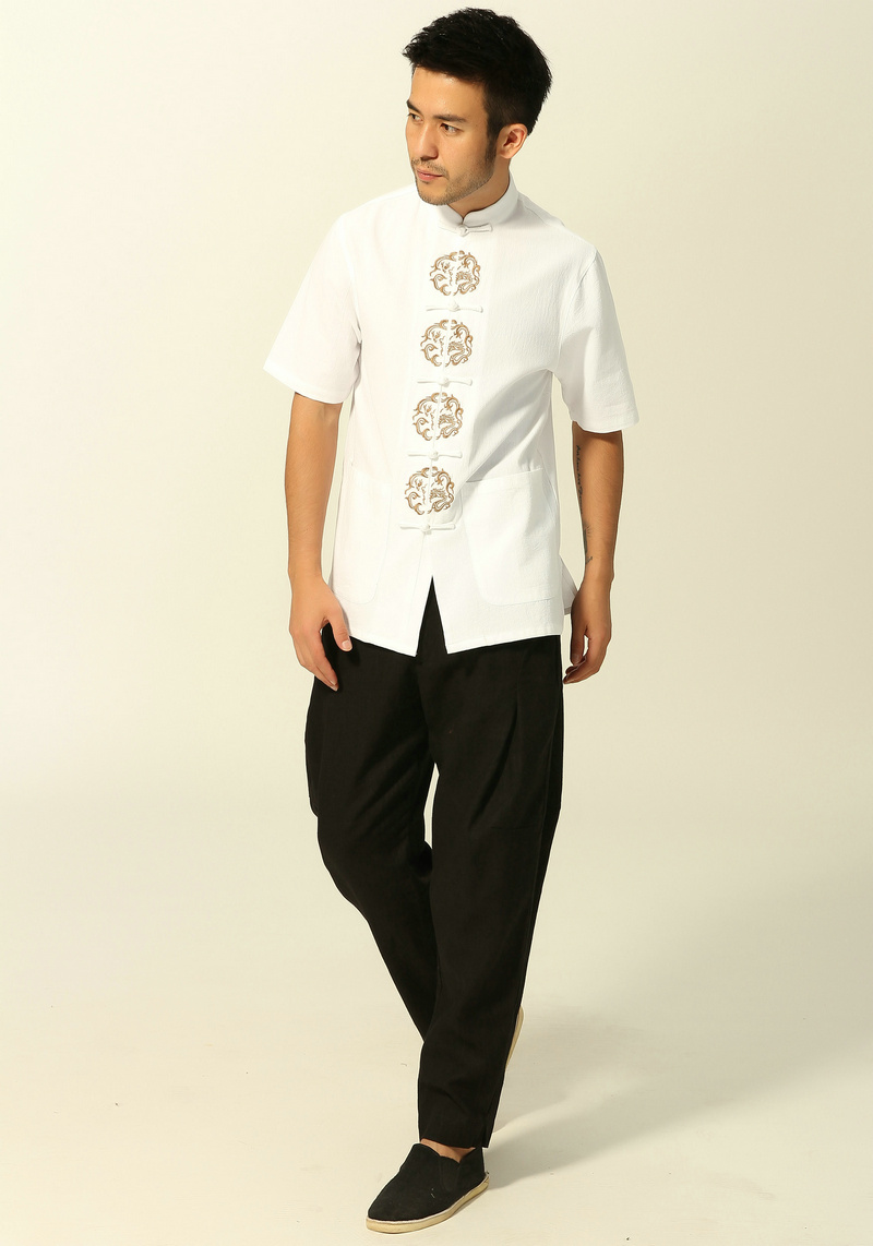 Shanghai Story embroidery men's ethnic clothing Chinese style short sleeve tang suit mandarin collar jacket kungfu top for man