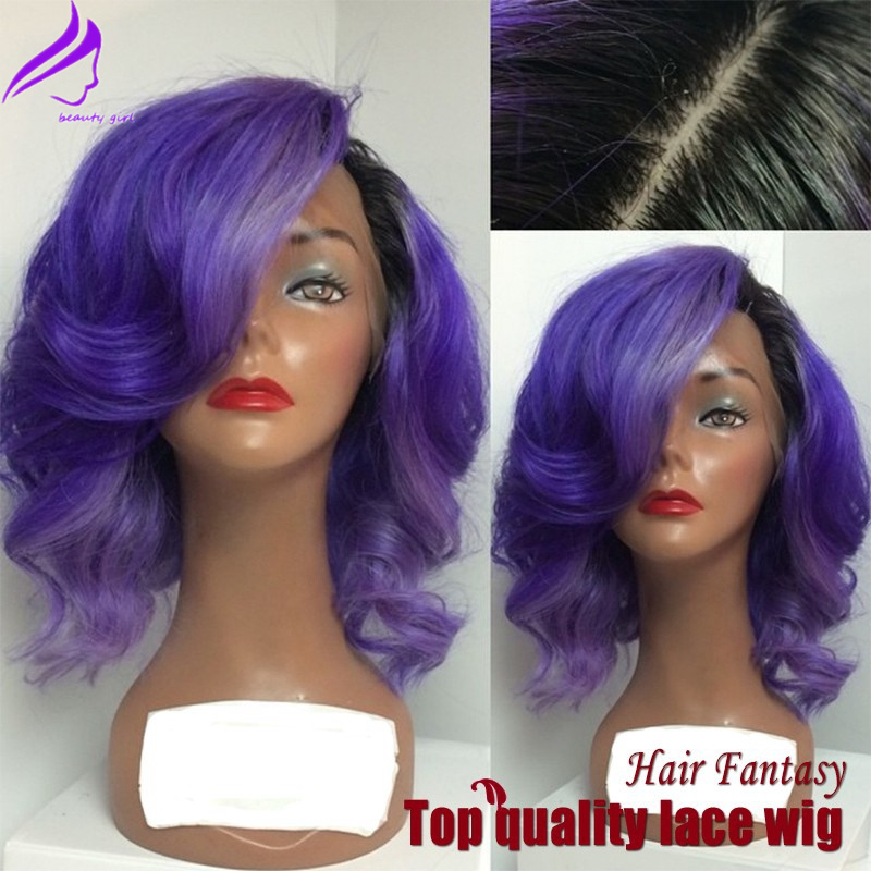 Fashion Wave Short Bob Wig Heat Resistant ombre purple color Synthetic Lace Front Wigs with Baby Hair for Black Women Cosplay Wig