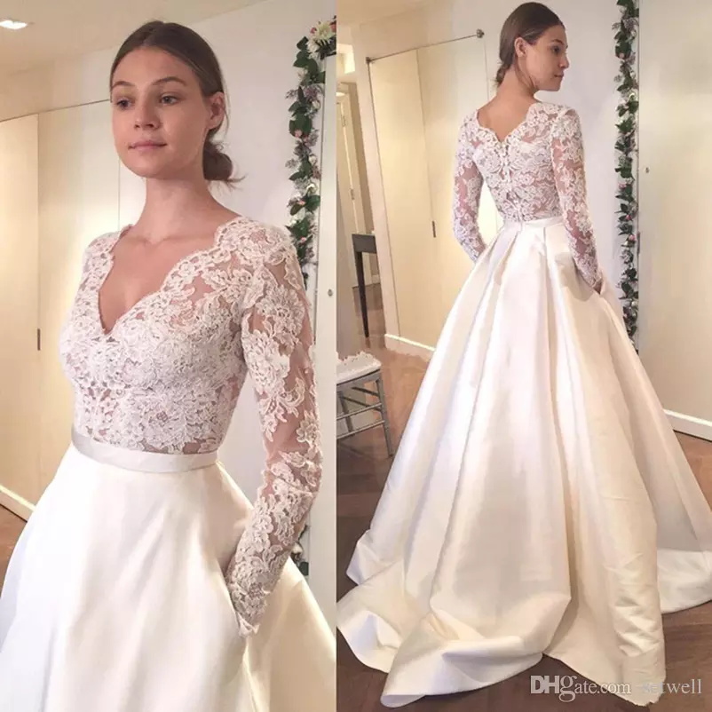 Ivory Lace Dresses V Neck Long Sleeve Satin Sweep Train Simple Beach Wedding Dress Illusion Plus Size Bridal Gowns Boho