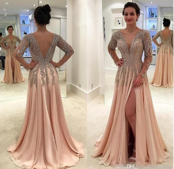 Prom Dresses Deep V Neck Beaded Crystal Long Sleeves Backless Chiffon Side Split Veatidos Or Length A E Evening Dress Party Gowns Dr0320