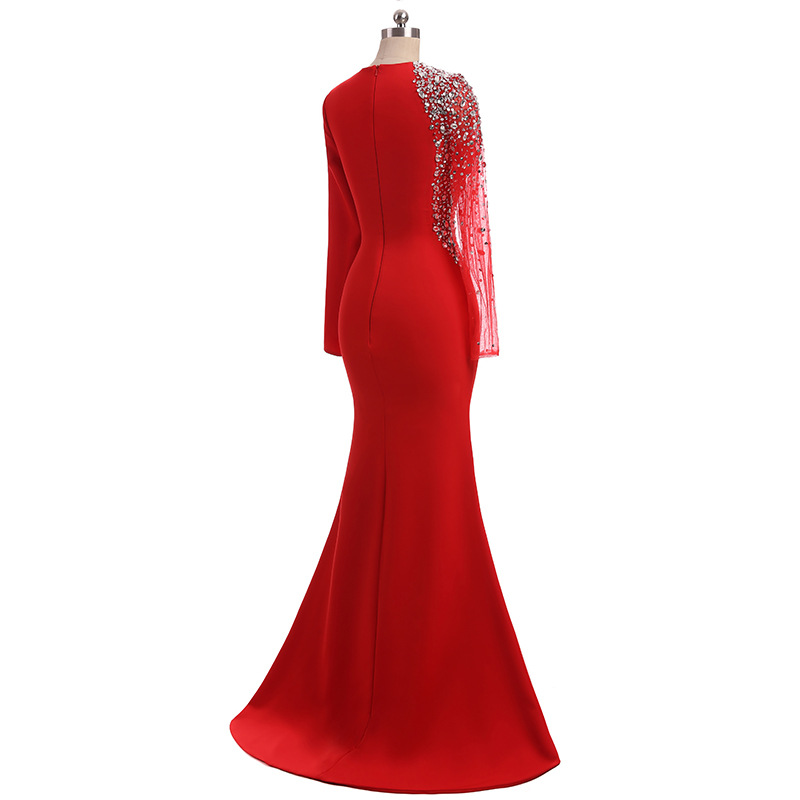2018 New Cheap Red Long Sleeves Chiffon Evening Dresses Beaded Crystals Formal Prom Party Celebrity Gowns QC1137