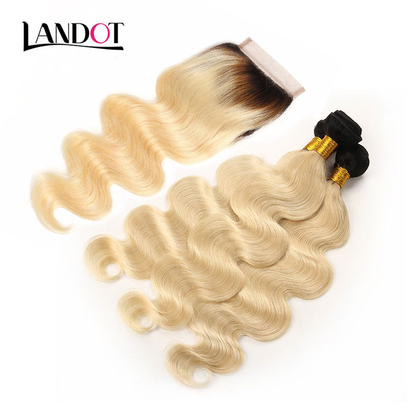 9A Ombre 1B/613# Color Blonde Lace Closures With 3 Bundles Brazilian Virgin Human Hair Weave Body Wave Peruvian Malaysian Indian Extensions