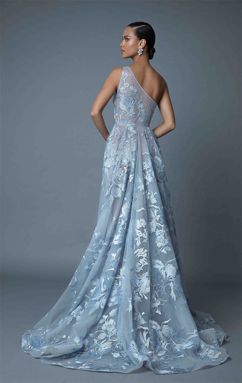 berta one shoulder prom dresses light blue lace appliqued a line formal evening gowns sweep train design pageant red carpet dress