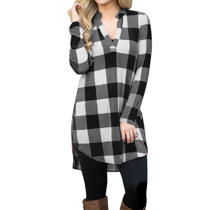 2018 Women Summer Long Blouse V Neck Ladies Tops Plaid Bottons Long Sleeve Shirt Femme Plus Size Blusa Feminina Chemise Blusas