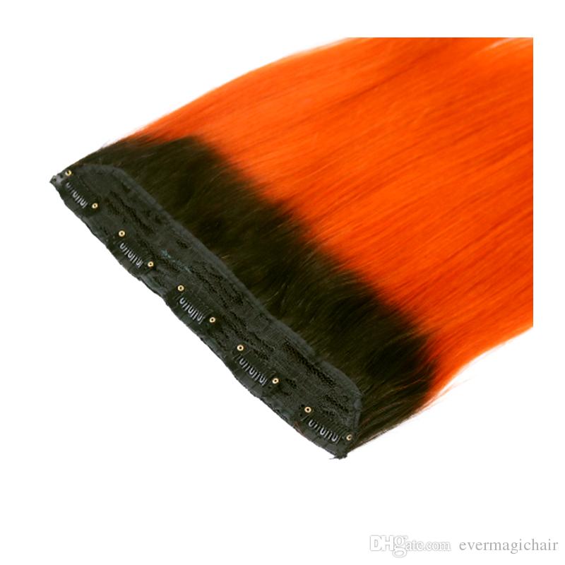 Hot Selling Wholesale 1B/orange Straight One Piece Clip In Human Hair Extensions 5Clips With Lace Remy Human Hair