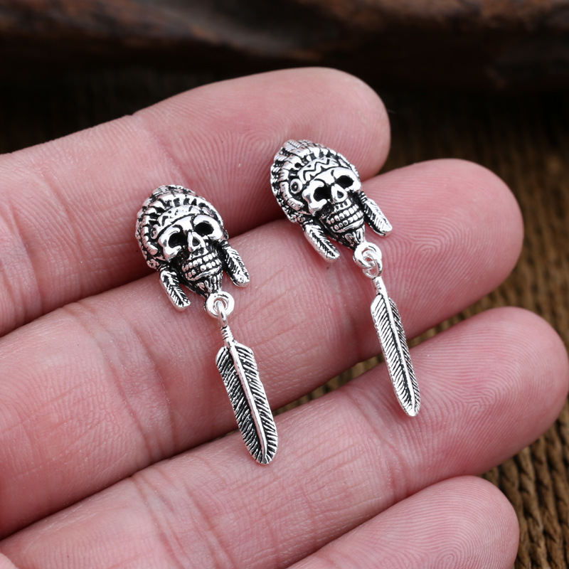2018 new style 925 sterling silver jewelry hand-made designer antique silver stud earrings skull & feather for men & women