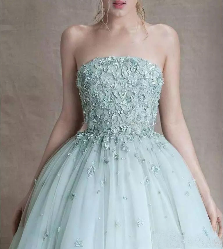 Sage Prom Dress High Quality Strapless 3D Floral Appliques Beaded Long Tulle Formal Party Evening Dresses