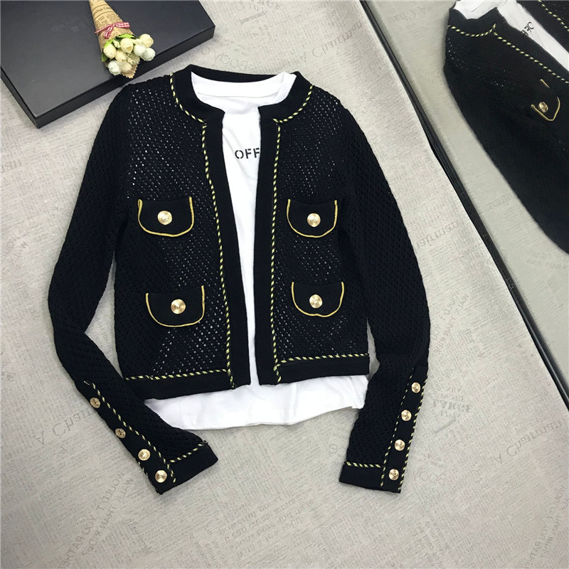 New design womens autumn o-neck long sleeve British style gold buttons patchwork hollow out knitted sweater cardigan coat short casacos