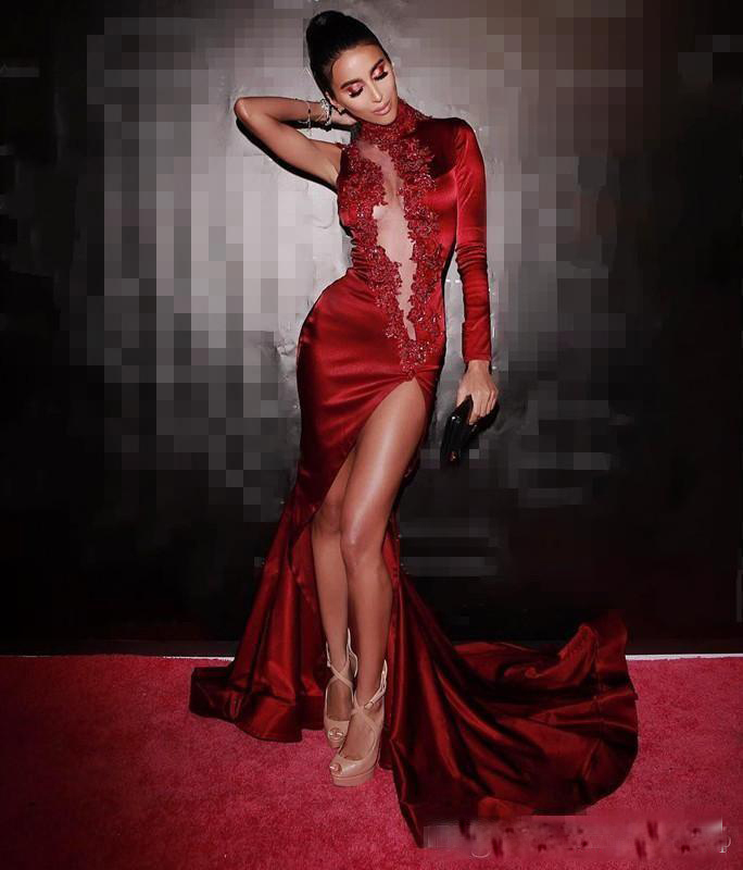 Sexy High Neck Mermaid Evening Dresses With Long Sleeves One Shoulder Side split Satin LAce Applique REd Carpet Prom Dresses, Dark navy
Sexy High Neck Mermaid Evening Dresses With Long Sleeves One Shoulder Side split Satin LAce Applique REd Carpet Prom Dresses, Dark navy