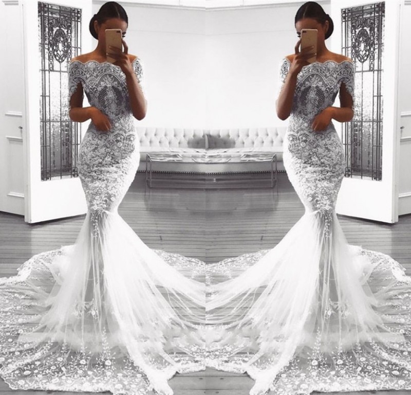 2019 Glamorous Long Sleeve Lace Mermaid Wedding Dresses Sexy Sheer Neck Off the Shoulder Beading Pearls Court Train Wedding Bridal Gowns