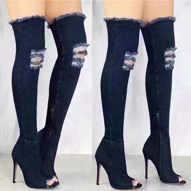 Women Hole Denim Boots Summer Autumn Peep Toe Over The Knee Boots Quality High Elastic Jeans Fashion High Heels Plus Size