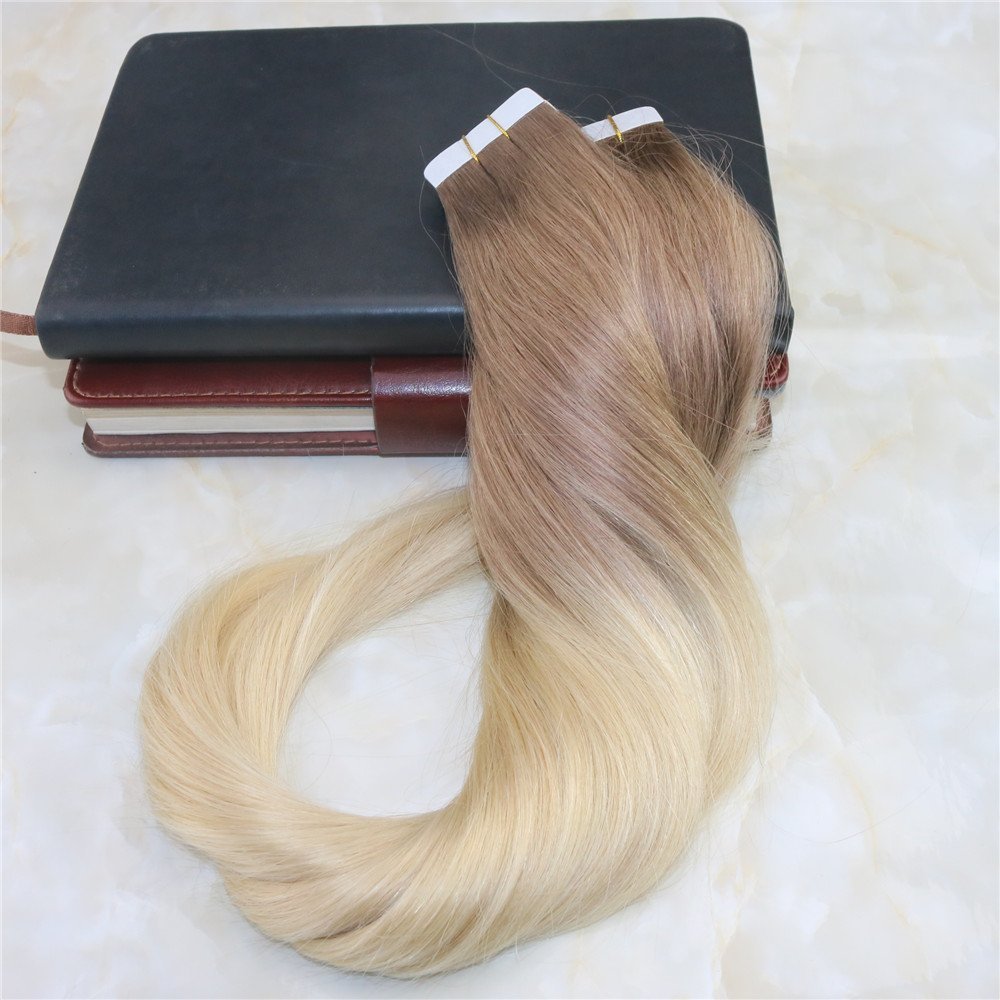 Glue in Hair Ombre Extensions Tape on Brazilian Remy Hair Fading Color Light Brown #6 to Bleach Blonde #613 Dip Dye Color Weft