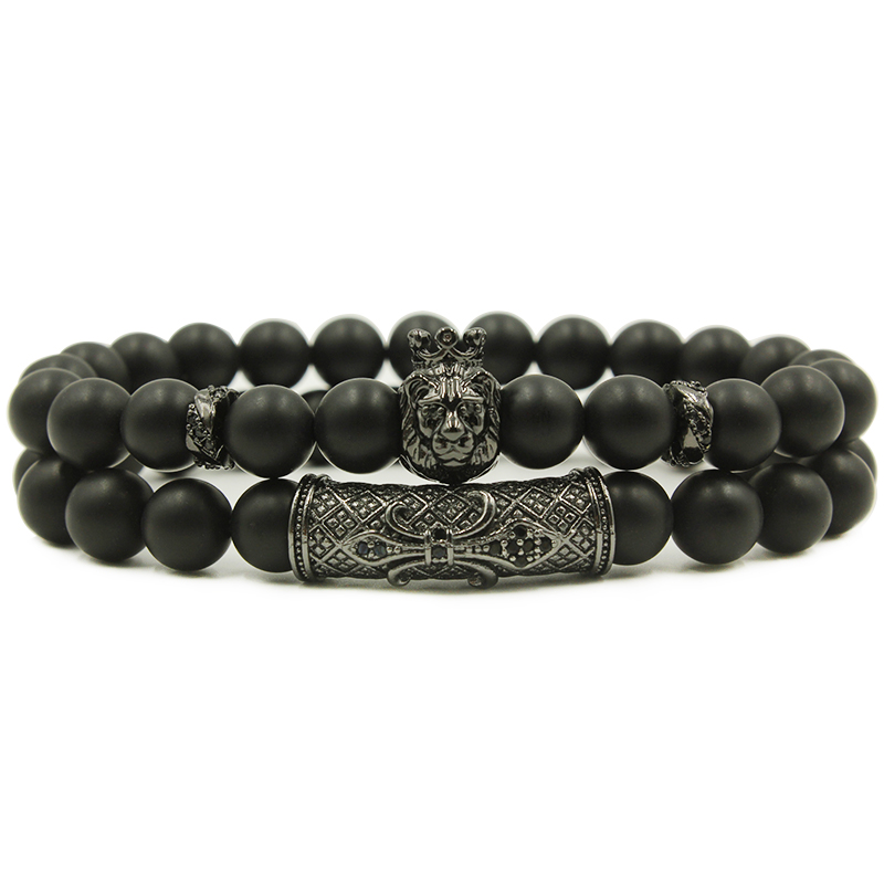 2pcs/set Fashion men's Bracelet 8MM Natural stone charm Lion Titanium steel anchor tube Holiday gift jewelry Valentine's Day Christmas