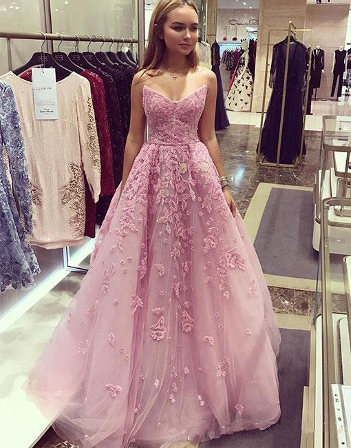 Pink Formal Prom Dresses Sweetheart Tulle Lace Appliqued Evening Gowns Plus Size A Line Long Pageant Party Dress