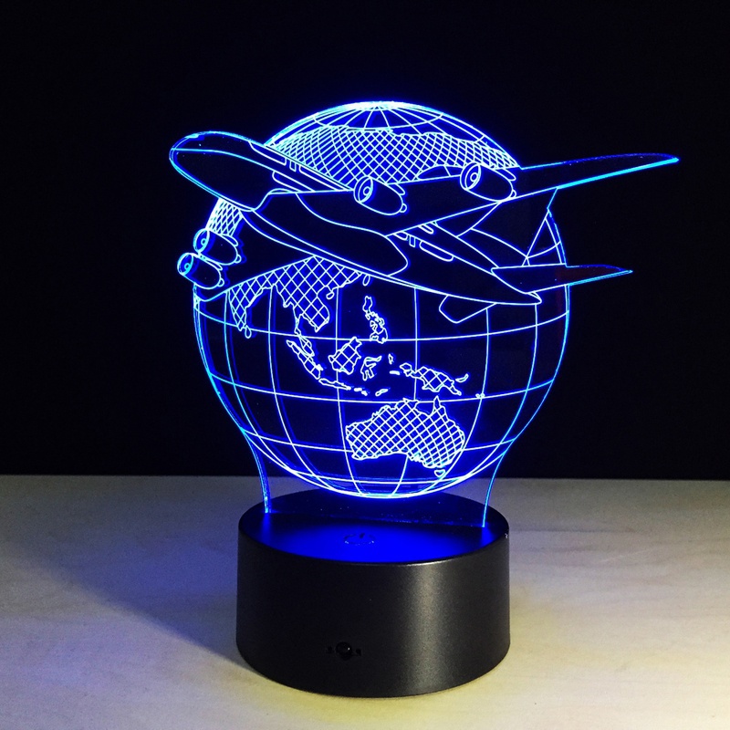 Fly The World Earth Globe Airplane 3D LED Lamp Art Sculpture Lights In Colors 3D Optical Illusion Lamp
