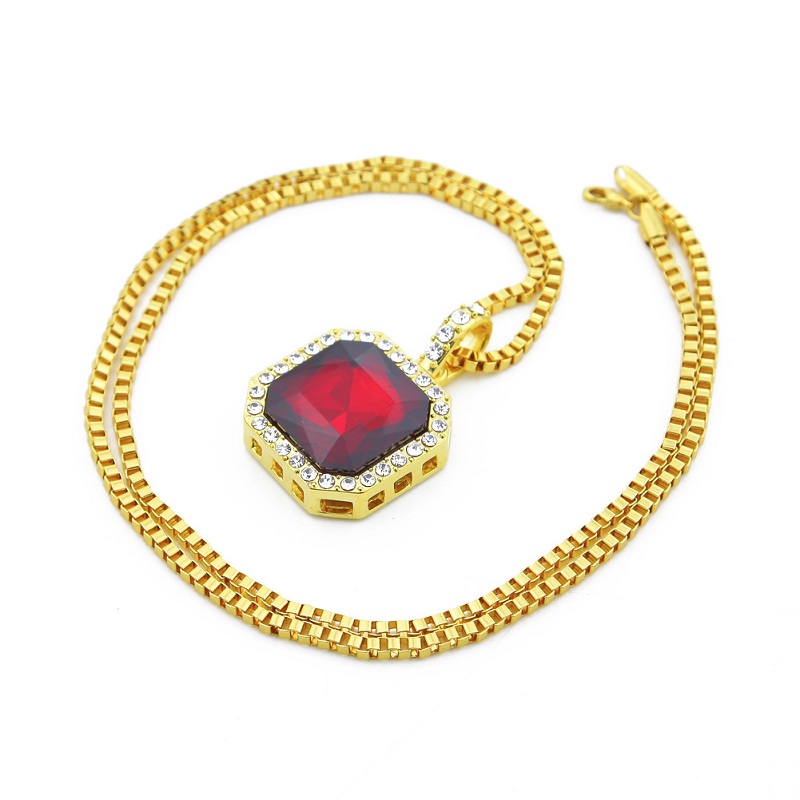 Mens Square Ruby Pendant Necklace Gold Box Chain For Men Fashion Hip Hop Necklaces Jewelry