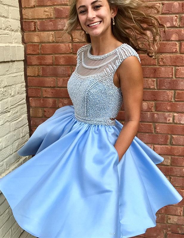 Homecoming Graduation 2018 with Pocket Sweet 16 Short A-e Backless Beads Crystal Prom tail Dresses BA6980