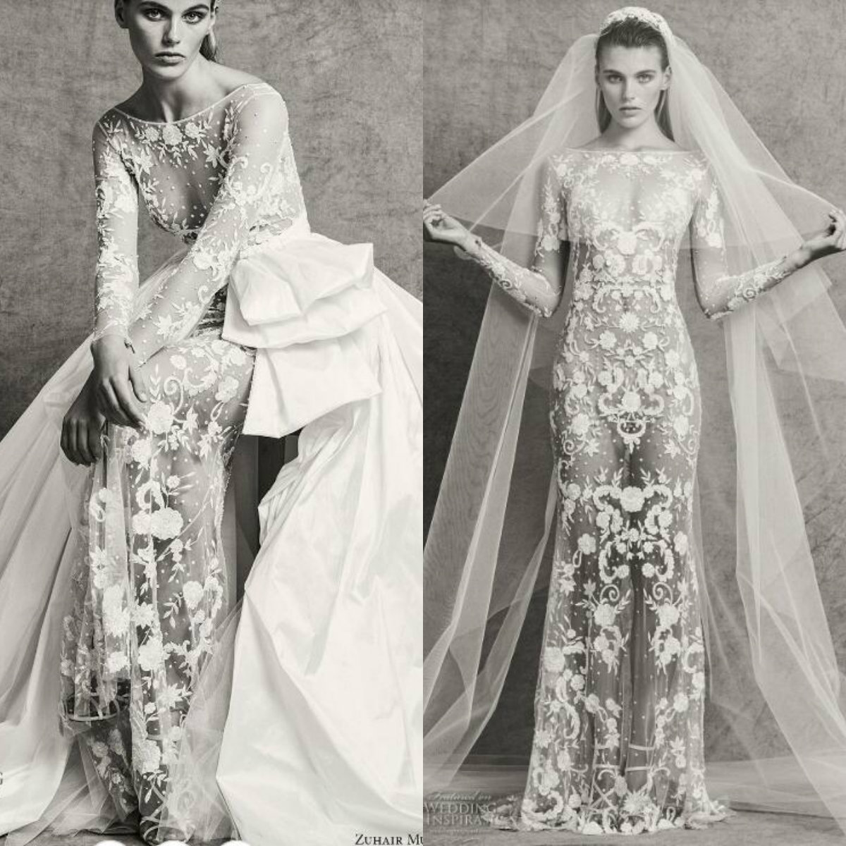 Zuhair Murad 2018 Fall Wedding Dress Sexy Illusion Sheer Bateau Neckline Lace Applique Bridal Gowns With Satin Detachable Train