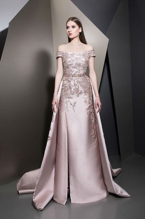 Ziad Nakad 2018 Prom Dress Off Shoulder Satin Side Split Appliqued Evening Dresses With Detachable Sweep Train