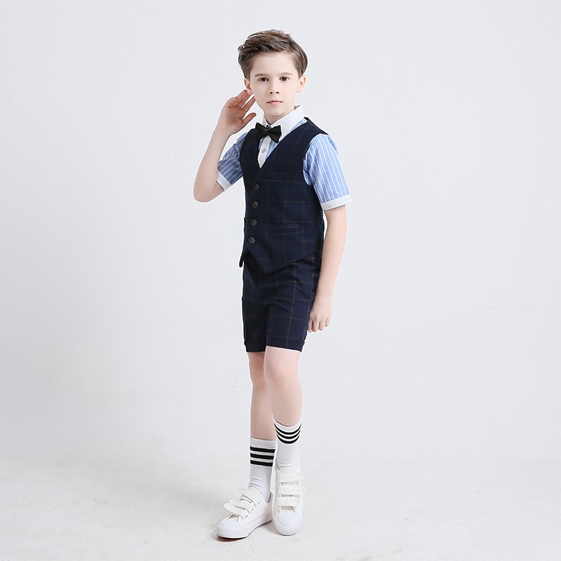 2018 Summer Three Pieces Boys Clothes Handsome Short Sleeve Striped Shirt With Grid Knee Length Pants And Vest Boys Formal Suits