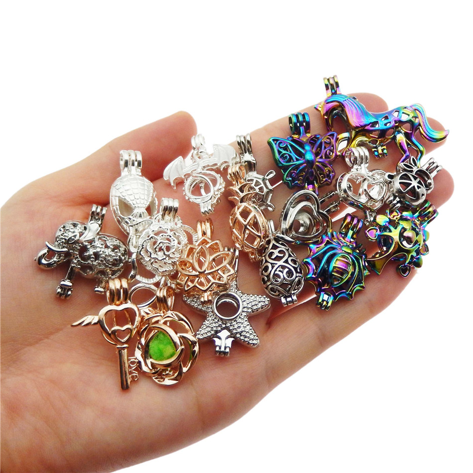 20pcs Mixed colors Hybrid models Zinc Alloy Pearl Cage Pendants Aromatherapy Essential Oil Diffuser Jewelry Necklace DIY Jewelry