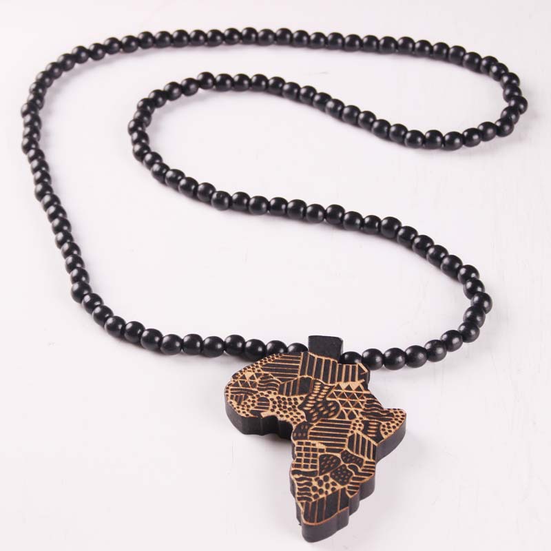 Fashion Wood Made Stylish Africa Map Pendant Hip Hop Beads Long Chain Men Wooden Pendants Necklaces Jewelry Gift S1003