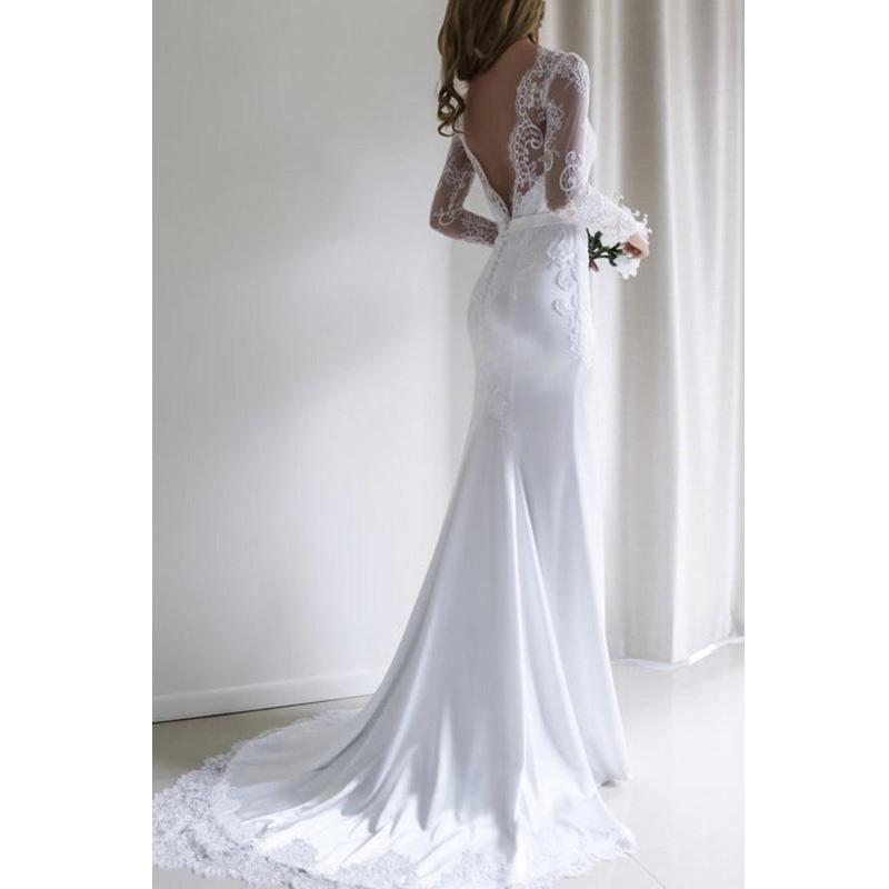 2020 Elegant Long Sleeve Mermaid Wedding Dresses Backless Sheer Neck Appliques Lace Long Wedding Dress Vestidos De Novia