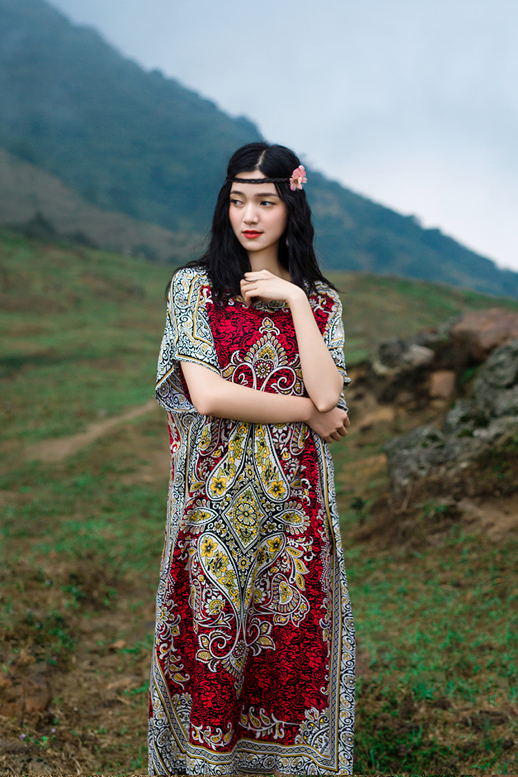 Thailand exotic style stamp Flower vacation long Dress loose large Retro art travel dress Boho Calico Floral Crochet print India Ethnic