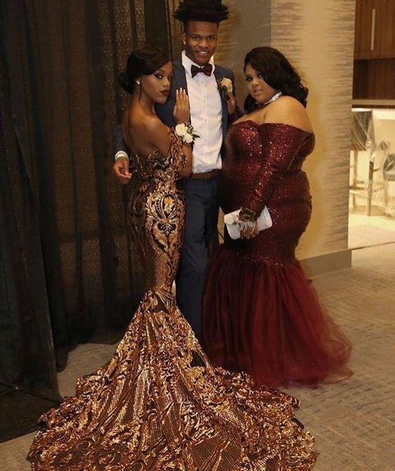 2018 New Luxury Gold black Prom Dresses Mermaid off shoulder Sexy African Prom Gowns Vestidos Special Occasion Dresses Evening Wear
