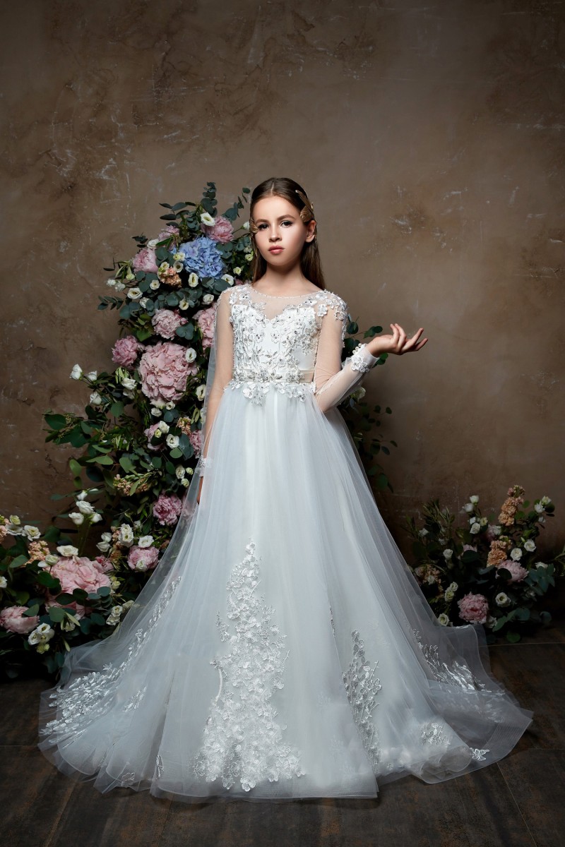 Pentelei 2019 Long Sleeves Flower Girl Dresses For Weddings Lace Appliqued Beads Little Kids Baby Gowns Cheap Princess Communion Dress
