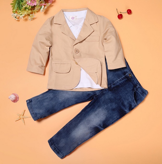 european fashion boys sets baby kids boys jacket+polo shirt+denim pants 3-piece children denim clothing sets