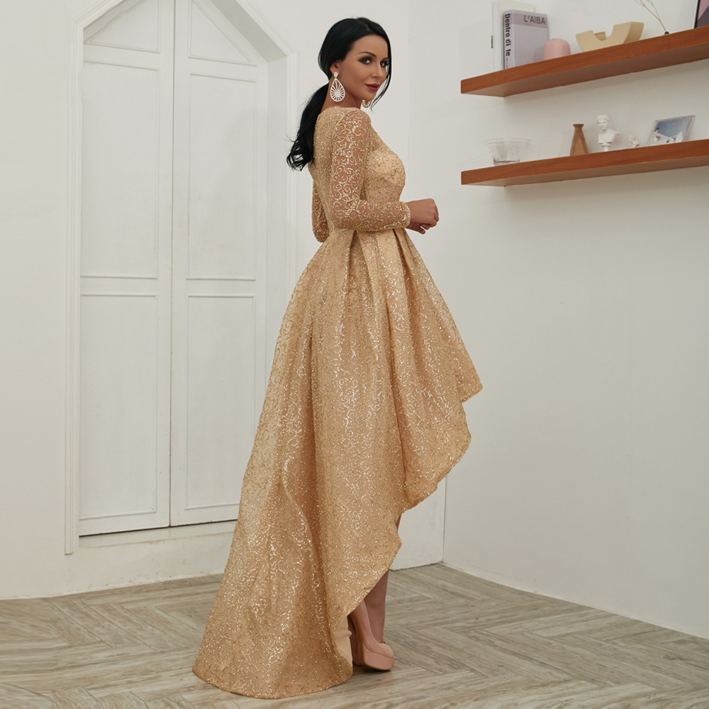 2022 Long Sleeve Bling Gold High Low Evening Dresses Round Sheer Neck Sparkling Sequin See Through Back Formal Party Dress