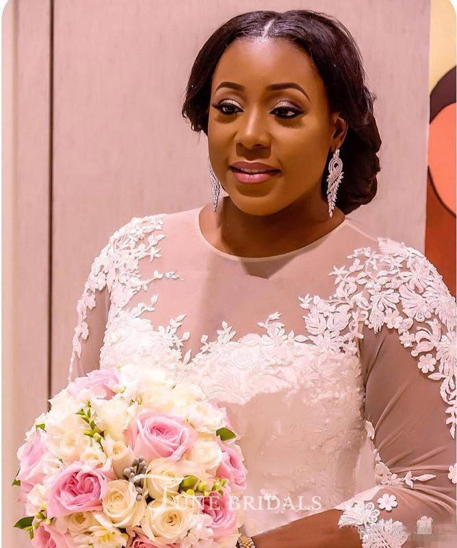African Plus Size Wedding Dresses Jewel Neck Sweep Train Lace Appliques Sheer Long Sleeves Mermaid Bridal Gowns Custom Made Wedding Dress
