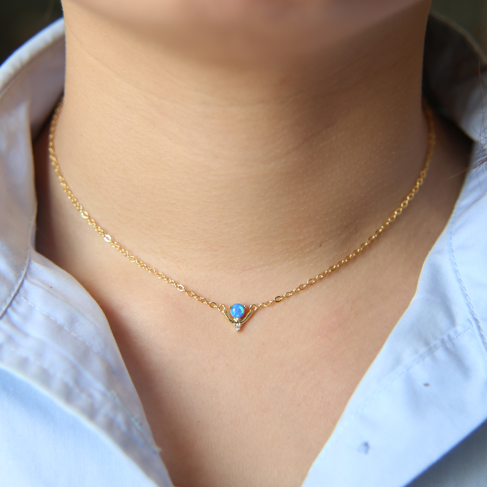2018 blue fire opal gemstone jewelry necklace simple design elegance lovely girl women coller chain gold plated Gorgeous high quality jewel