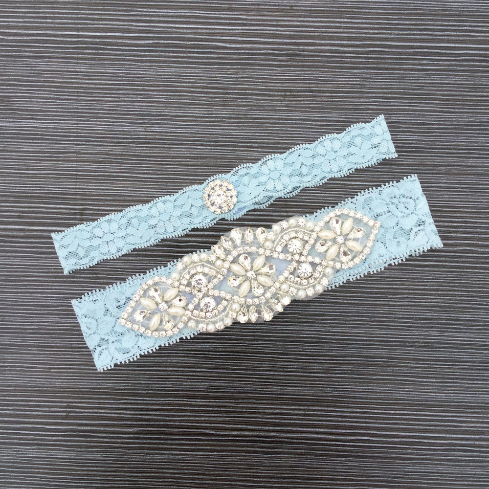 Blue Bridal Garters Crystals Pearls for Bride Lace Wedding Garters Belt Free Size From 15 to 23 inches Wedding Leg Garters Real Picture