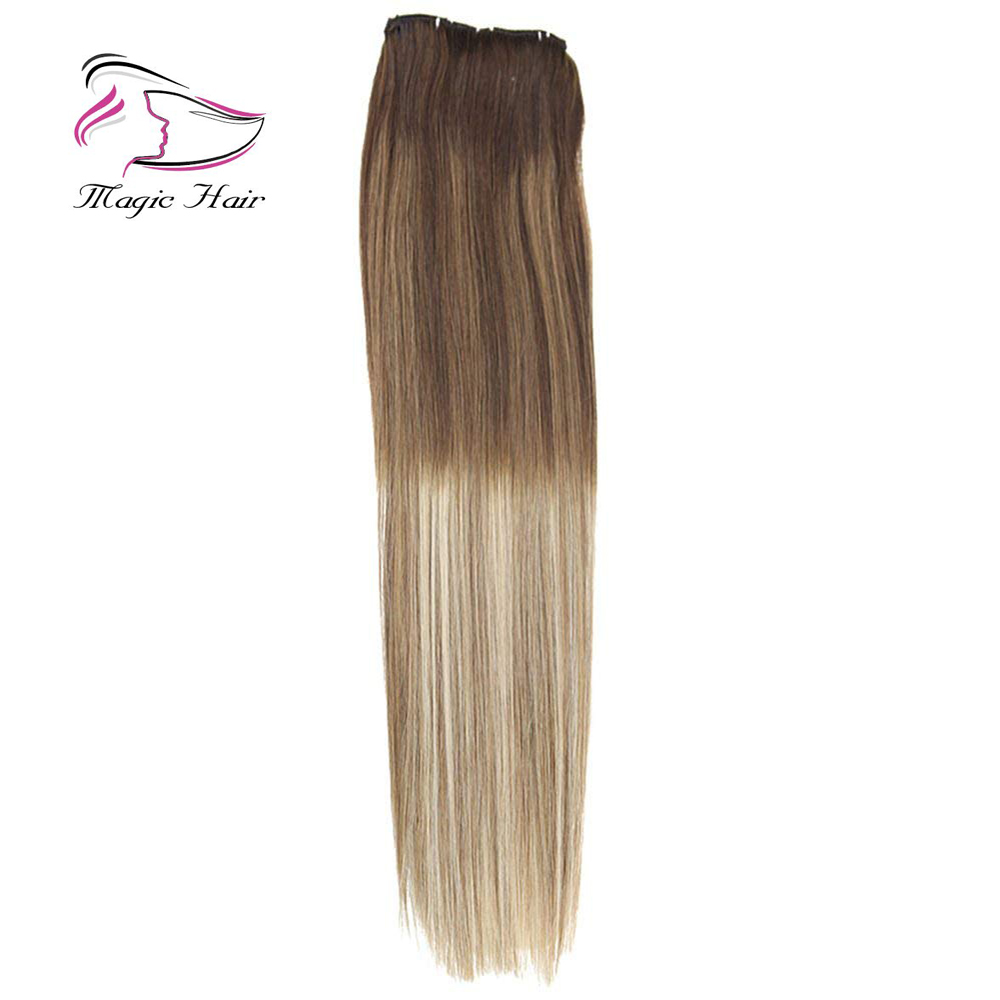 Clip in Hair Extension Human Hair Ombre #4 Dark Brown Mix #6 Medium Brown Fading to #22 Medium Blonde Full Head 7pcs/120g