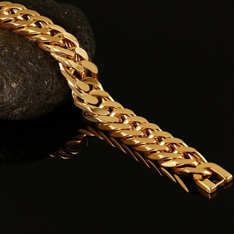 Heavy Thick Men's Link Chain Bracelets 14K Gold Plated Stainless Steel Rock and Hip Hop Bangle