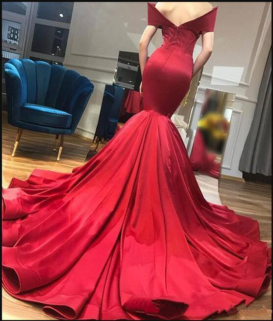 Off Shoulder Mermaid Prom Dresses 2018 New Red Satin Evening Gowns Sexy Low Cut Sweep Train Women Formal Party Dress Cheap
