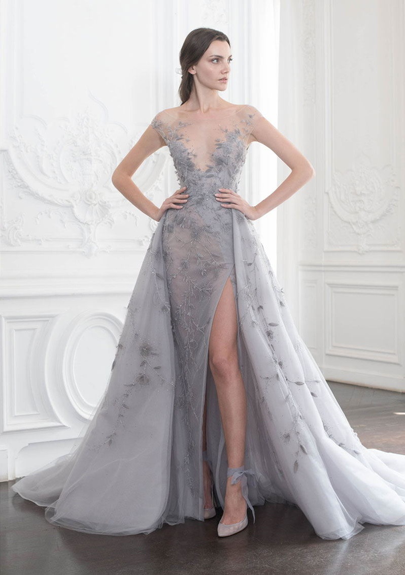 Charming Prom Dress Sheer Bateau Neck Illusion Bodice Side Split Evening Dresses Party Gowns With Detachable Train